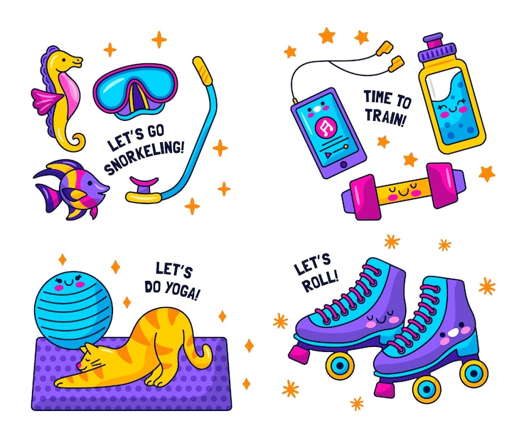 Бесплатный Вектор коллекция наклеек kawaii hobbies