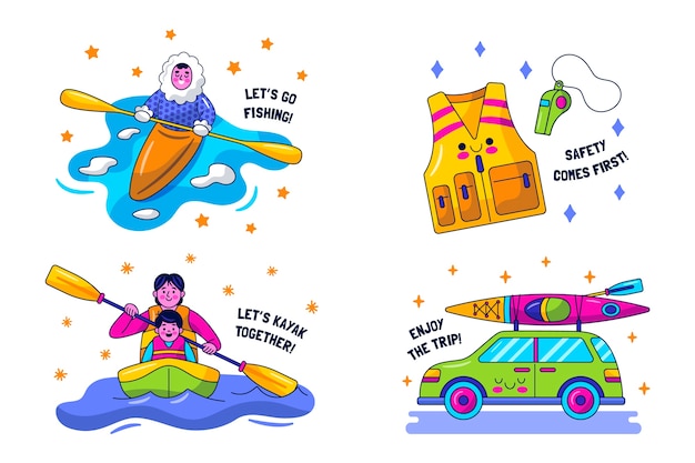 Free vector kawaii kayak stickers set