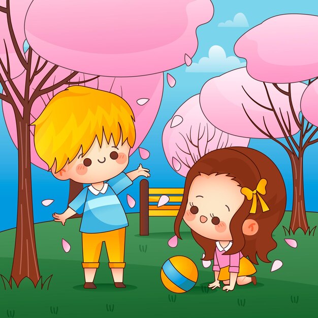 Kawaii kids and sakura playing outdoors