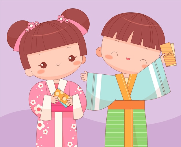 Free vector kawaii kids with oshidama envelopes