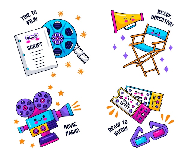 Free vector kawaii movie lovers stickers collection