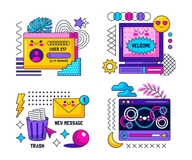 Free vector kawaii retro internet and computer stickers