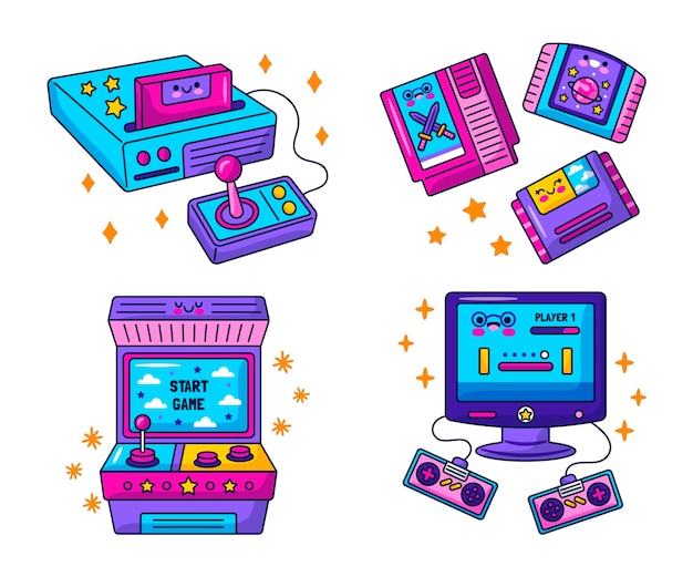 Free vector kawaii retro video games stickers collection