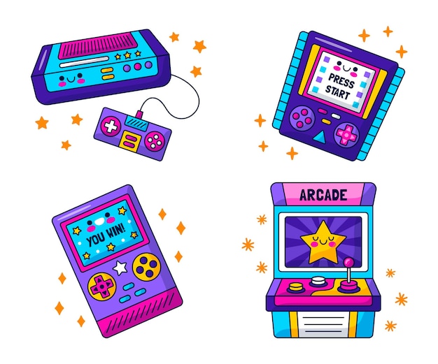 Vettore gratuito collezione di adesivi per videogiochi retrò kawaii