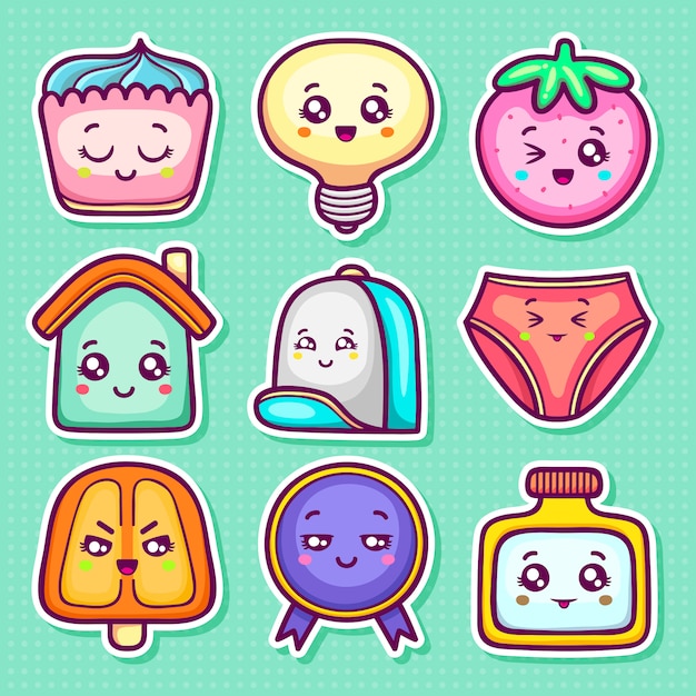 Free vector kawaii sticker icons hand drawn doodle coloring