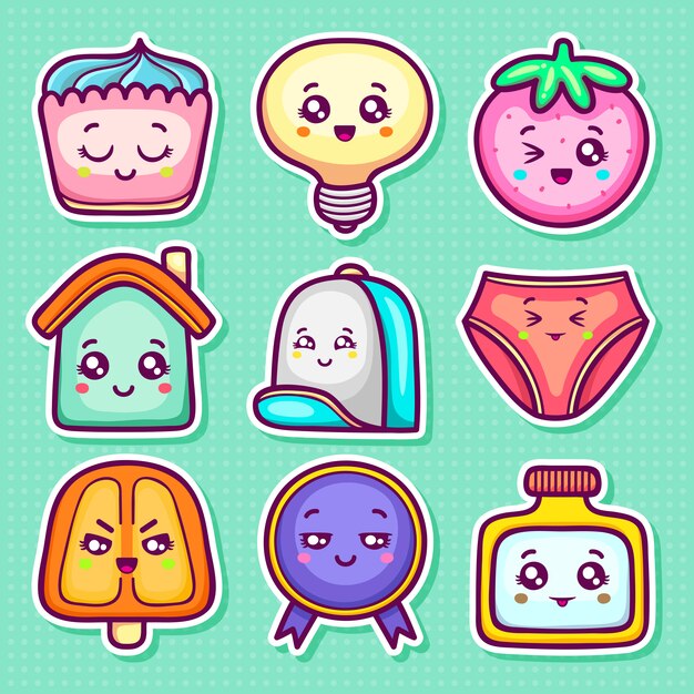 Kawaii Sticker Icons Hand Drawn Doodle Coloring 