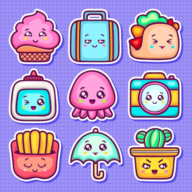 Kawaii Sticker Icons Hand Drawn Doodle Coloring 