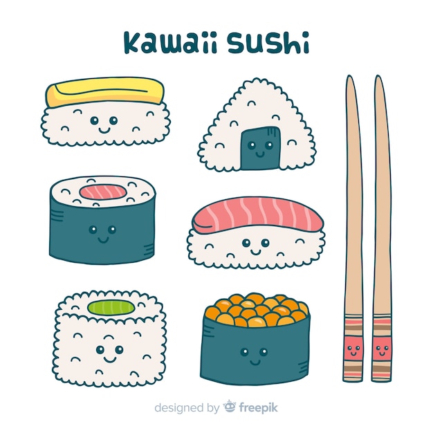 Vettore gratuito kawaii sushi collectio