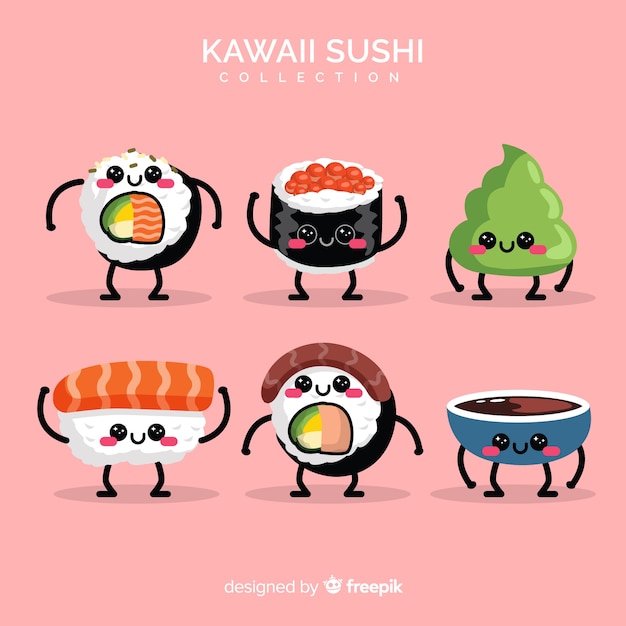 Vettore gratuito collezione di sushi kawaii