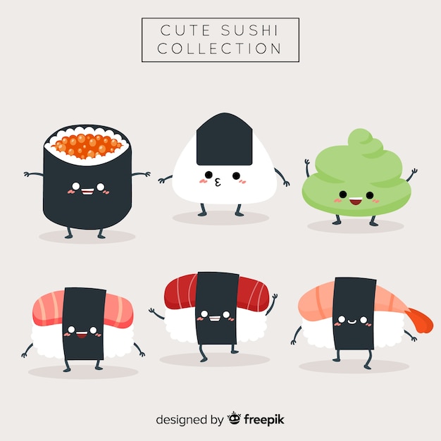 Vettore gratuito collezione di sushi kawaii