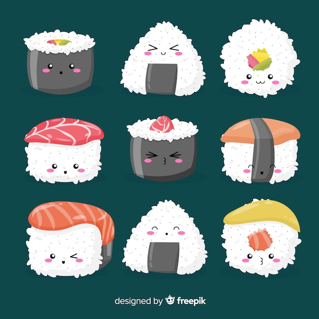 Vettore gratuito collezione di sushi kawaii