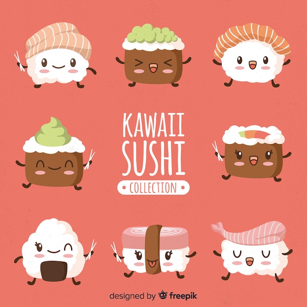 Vettore gratuito collezione disegnata a mano di sushi kawaii