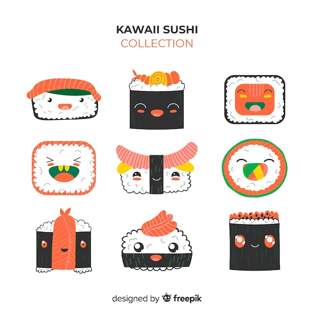 Vettore gratuito confezione di pezzi di sushi kawaii