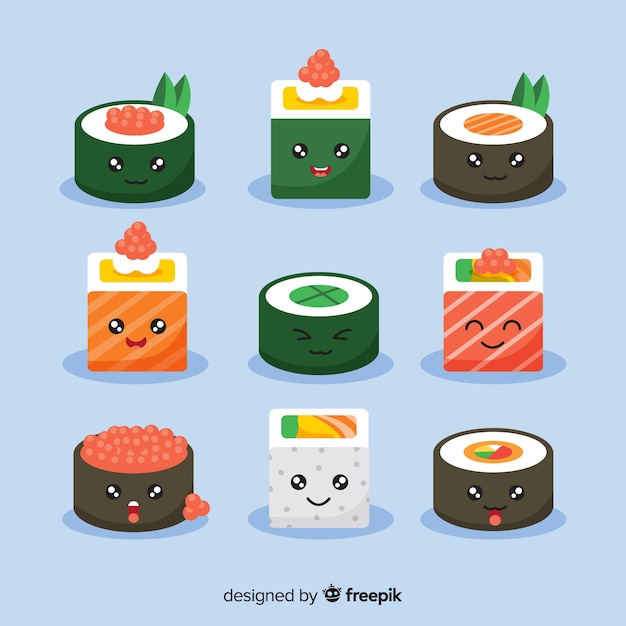 Vettore gratuito confezione di pezzi di sushi kawaii