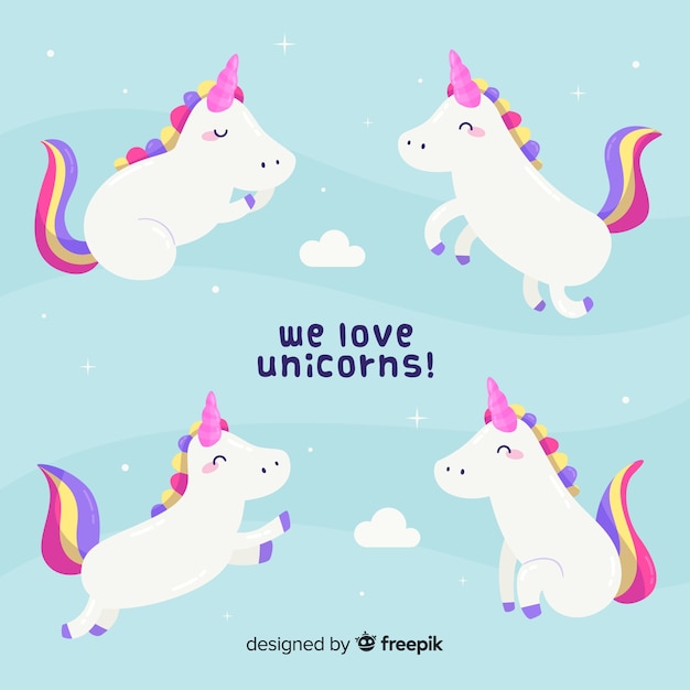 Vettore gratuito collezione di personaggi unicorno kawaii