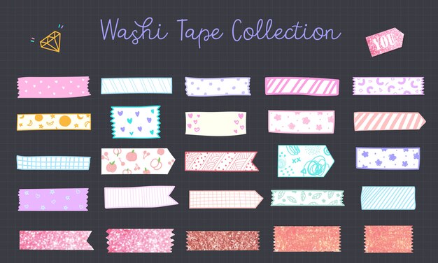 Kawaii washi tape hand drawn in pastel color
