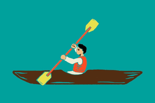 Vettore gratuito adesivo cartone animato uomo kayak in tema itinerante