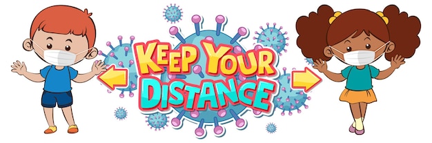 Free vector keep your distance banner with font design with two kids keeping social distance on white