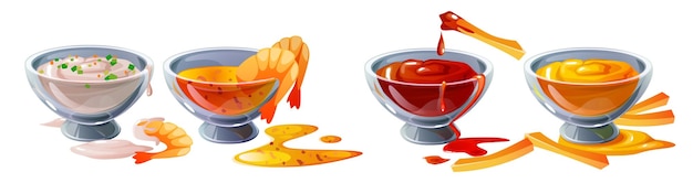 Бесплатное векторное изображение Соус с кетчупом, креветками и картошкой фри.