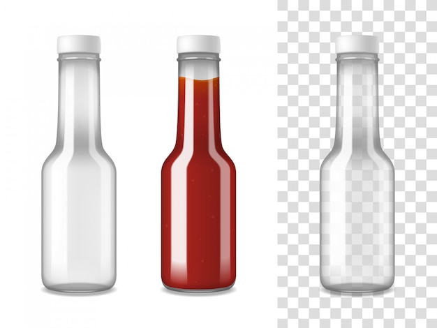 Бесплатное векторное изображение Реалистичный набор стеклянных бутылок кетчупа