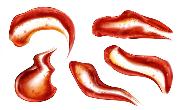 Ketchup splashes set top view, tomato sauce blobs