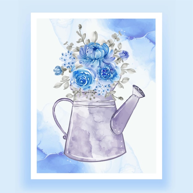 花の花束とケトル青い水彩イラスト