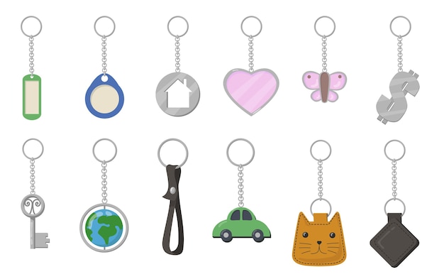 Keychains and keyrings set. heart, butterfly, cat, car, earth shaped key fobs isolated on white background. vector illustration for trinket, souvenir, opening door, property rent concept