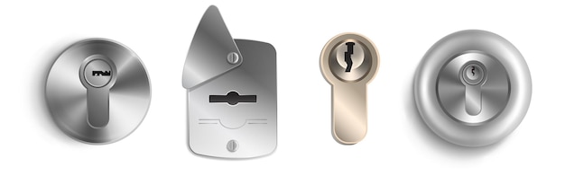 keyhole templates, round and rectangular key holes for locker, door handle or padlock. detailed steel or silver colored mockup isolated on white background, realistic 3d vector illustration, set