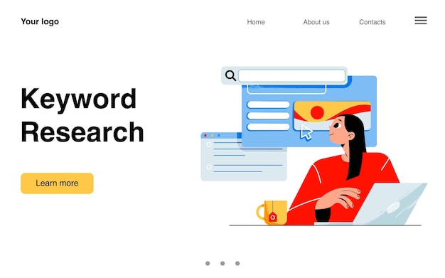 Free vector keyword research landing page keywordist or copywriter girl with laptop using tools and services for seo optimization and content plan analysis in social media vector cartoon line art web banner