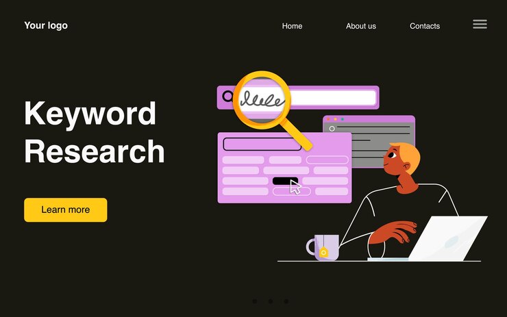 Visuel illustrant la recherche de mots-clés avec une loupe, un élément fondamental de l’on-page seo pour améliorer la visibilité d’un site.