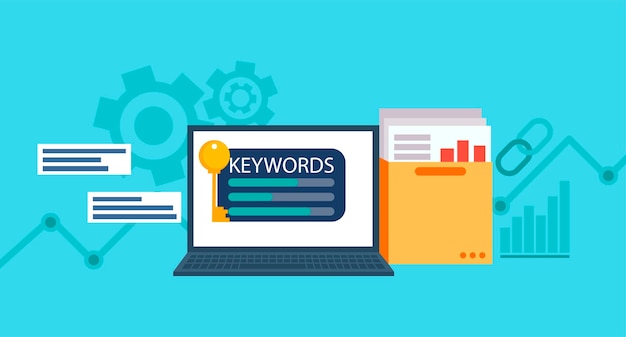Keywords research banner. laptop with a folder of documents and graphs and key.