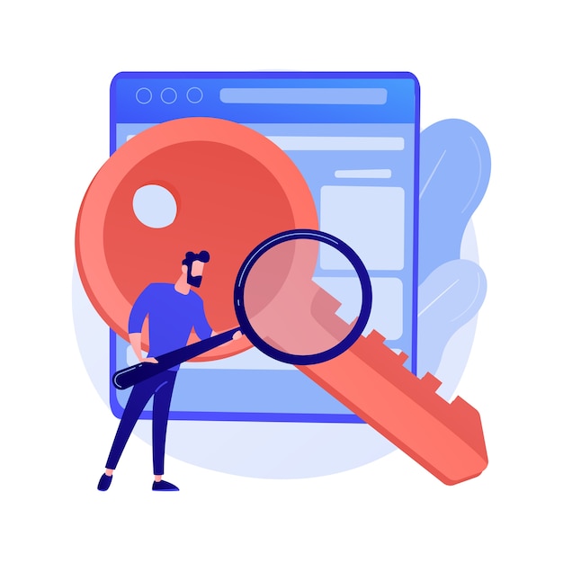 Keywords searching. SEO, content marketing isolated flat design element. Business solution, strategy, planning. Man holding magnifier and key concept illustration