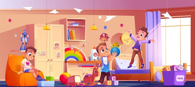 Free vector kid bedroom interior with boys character vector