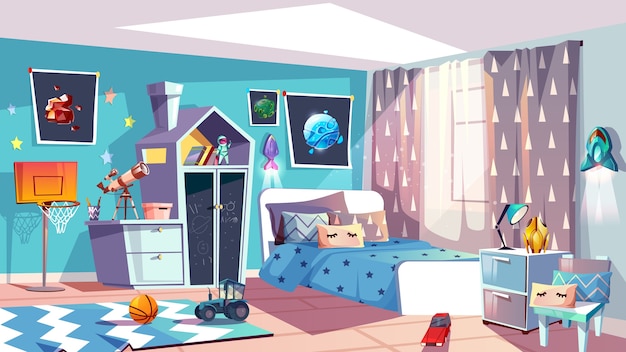 Бесплатное векторное изображение Интерьер детской комнаты для мальчика современной мебели для спальни в синем скандинавском стиле.