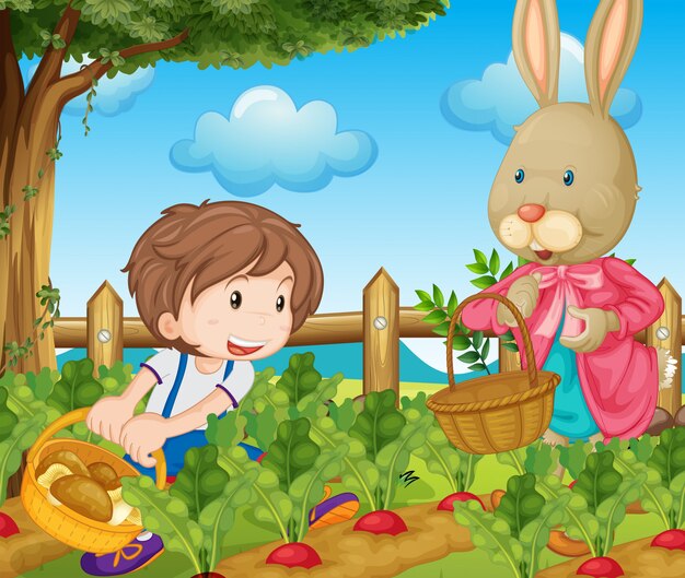 야채를 따기 아이와 토끼