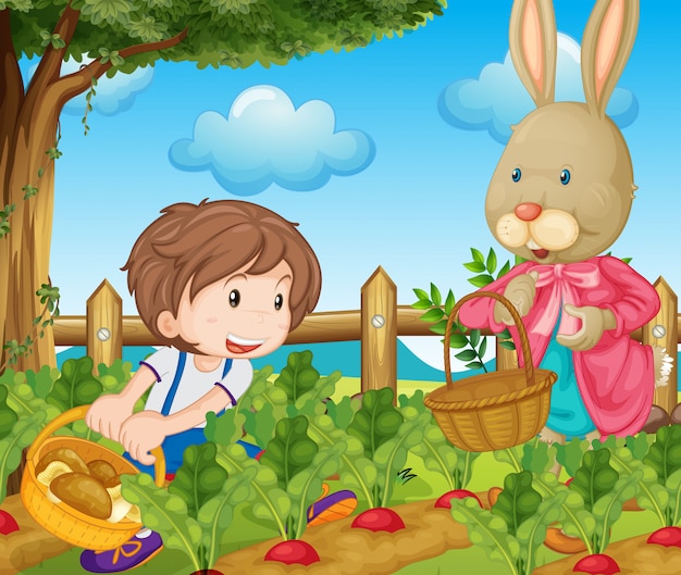 Kid and bunny picking out vegetables