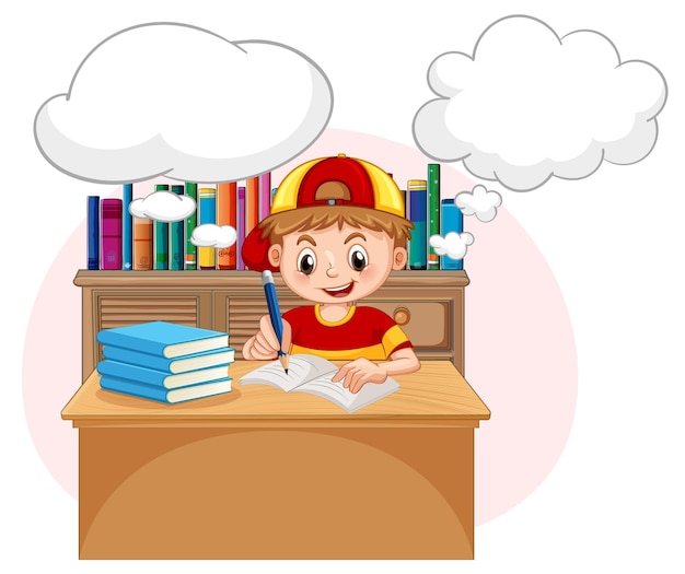 A kid doing homework with speech bubble in the library