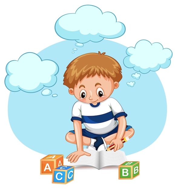 Free vector a kid doing homework with speech bubble
