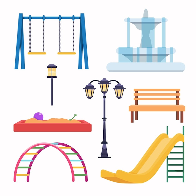 Бесплатное векторное изображение Детский забавный комплект детская площадка в общественном парке с оборудованием для отдыха архитектура городского игрового парка векторная иллюстрация в плоском стиле