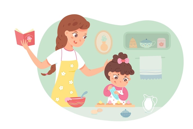 Kid helping mother cook Girl helps mom prepare sweet cakes in kitchen mother in apron reading recipe from book