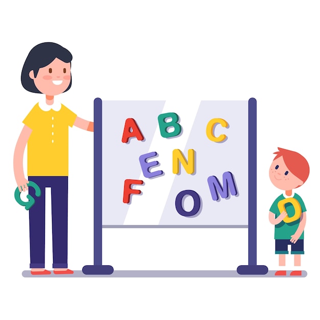 Free vector kid learning abc in kindergarten with teacher