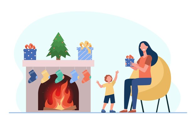 Kid and mom celebrating Christmas. Mother giving gift to boy at fireplace. Cartoon illustration