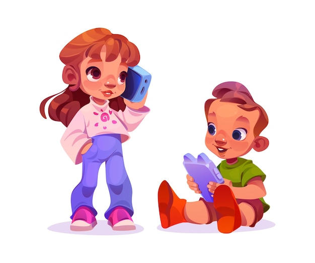 Free vector kid play and talk with mobile phone