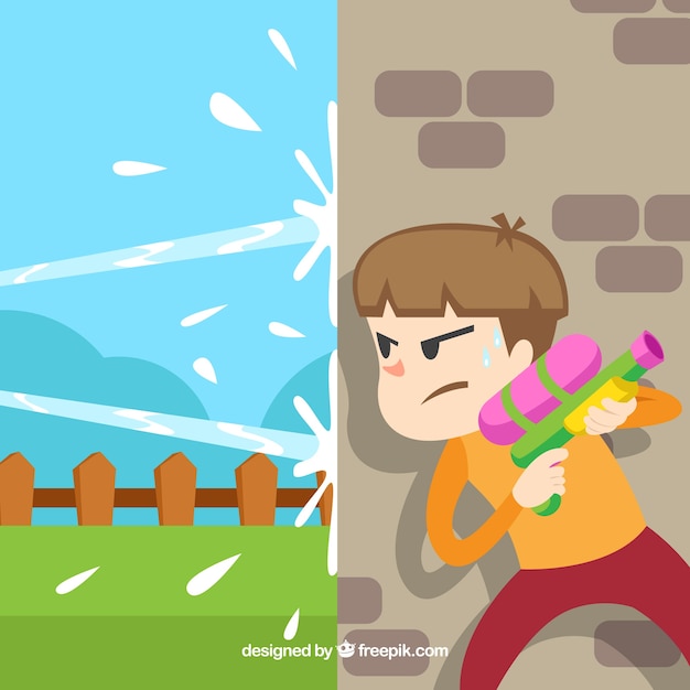 Free vector kid playing in the garden with water gun