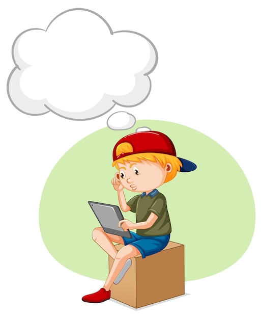 A kid playing iPad with speech bubble