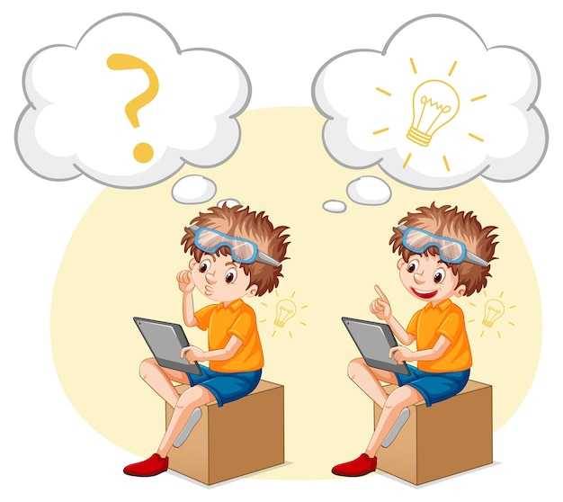 Free vector a kid playing ipad with speech bubble