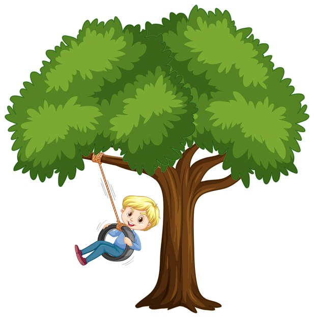 Kid playing tire swing under the tree on white