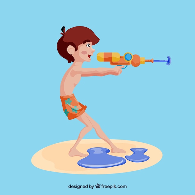 Kid playing with colorful water gun