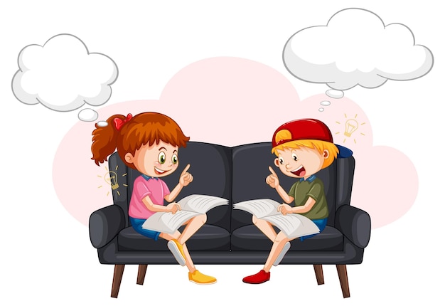 Free vector a kid reading book with speech bubble