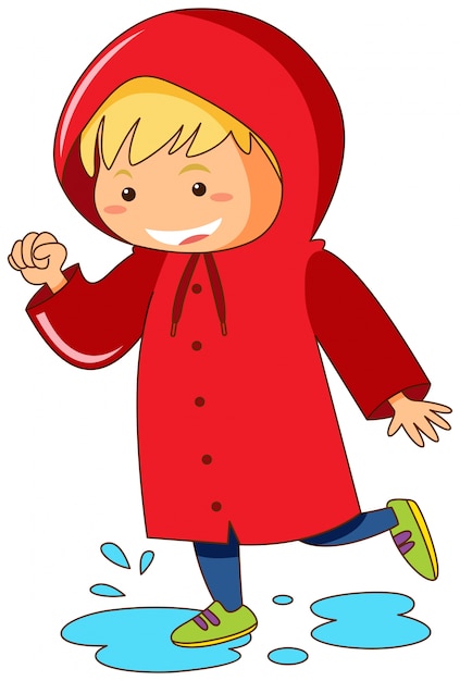 Kid in red raincoat jumping in puddles